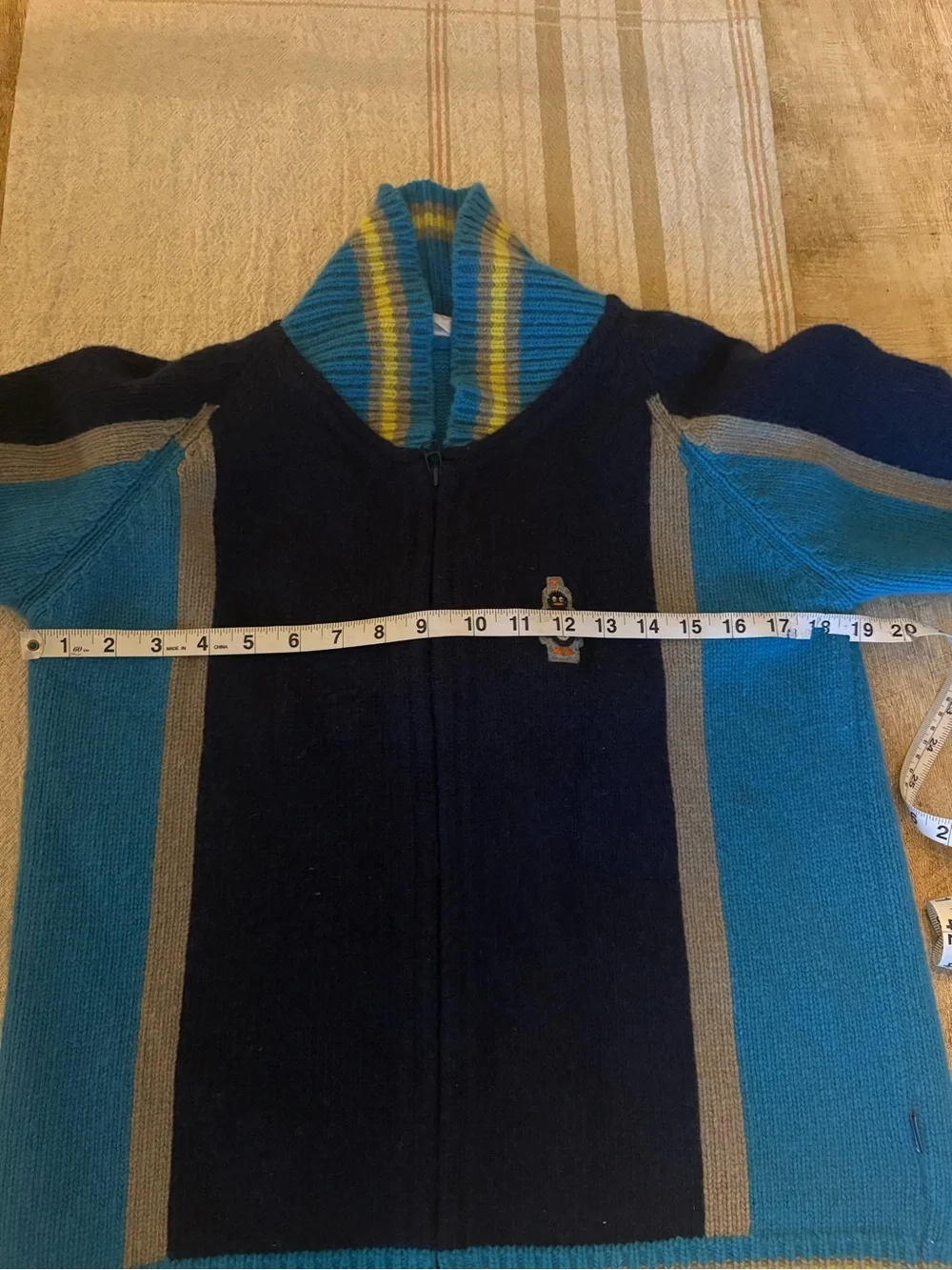 Oilily Kids Navy Blue Yellow Zip-Up Wool Cardigan Zip with Penguin Size 176 - 16
